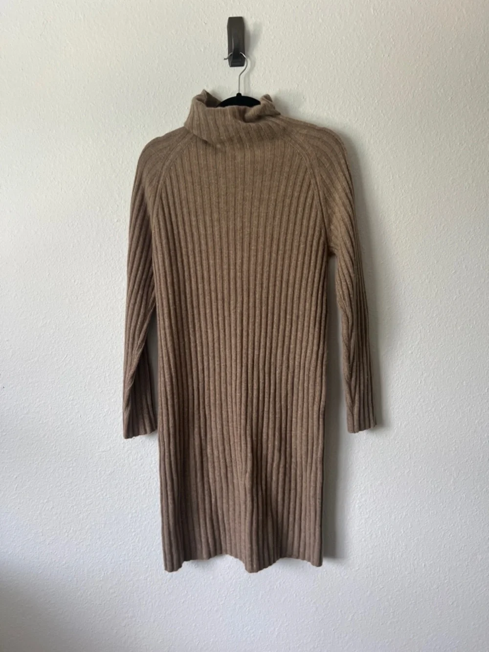 Nap Tan Ribbed Knit Cashmere Dress Size M Mock Turtleneck Neutral Minimalist - Picture 3 of 3